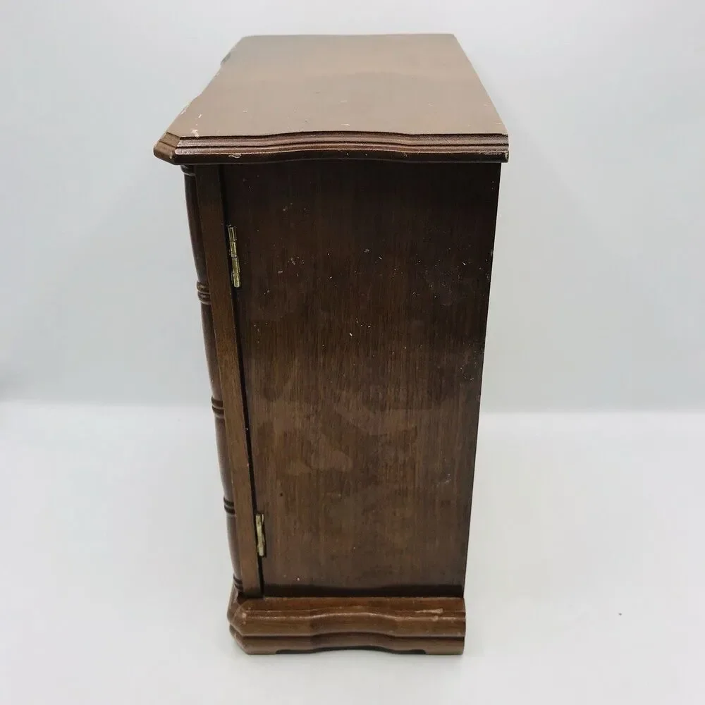 Vintage Powell Wooden Jewelry Box Armoire Etched Glass, Wheel, Taiwan  11.5x9x5